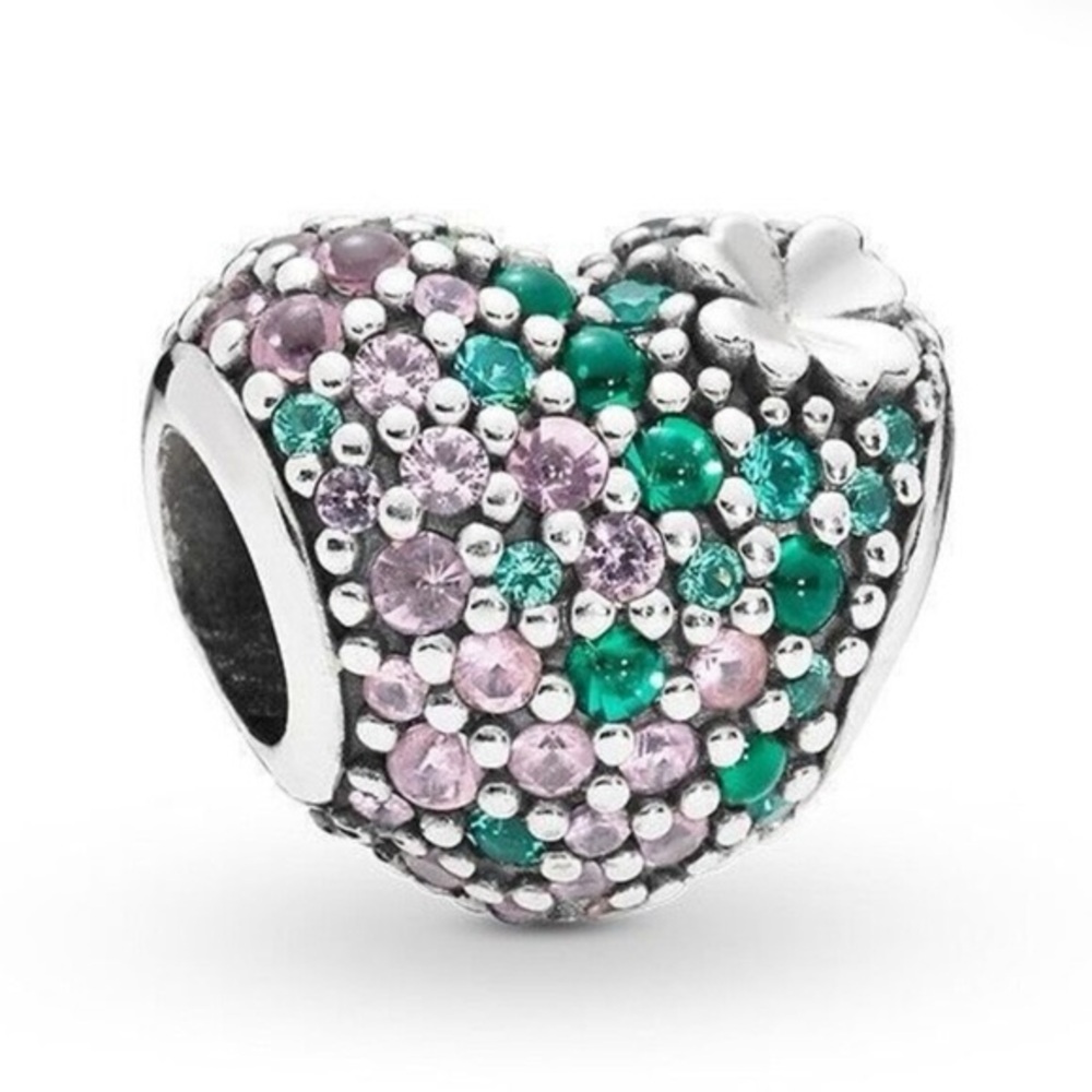 Pandora Heart Charm Sterling Silver Green Pavé CZ Stones Clover Authentic EUC